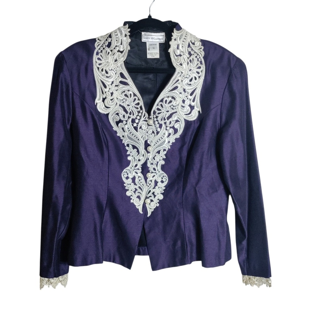 Scott McClintock Vintage Purple Lace Trim Evening Blazer Jacket Womens 14